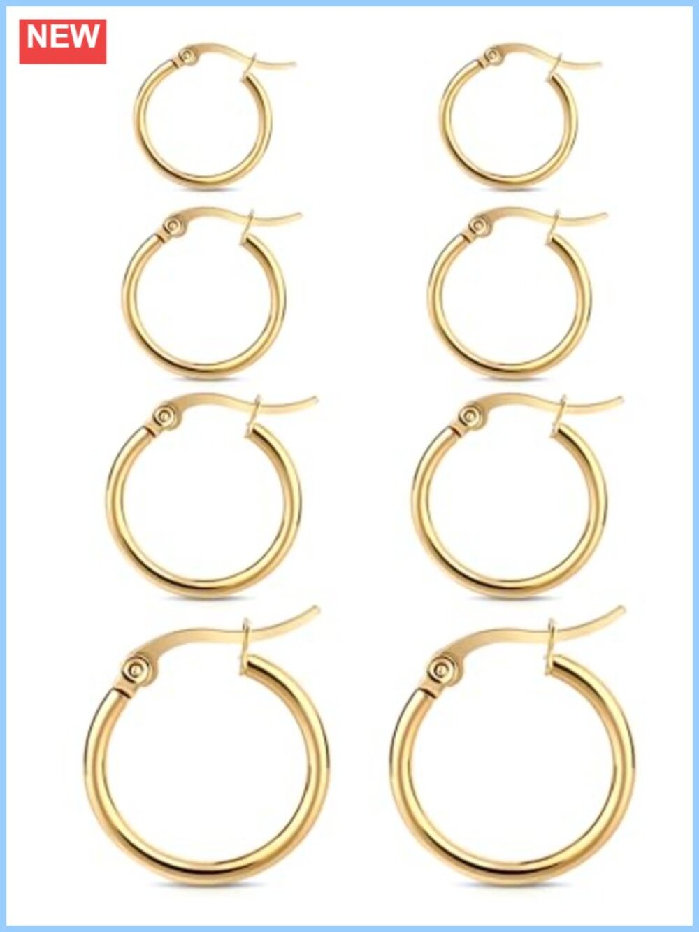 14K Gold Plated Stainless Steel Hoop Earrings 4 Pairs Huggie Set